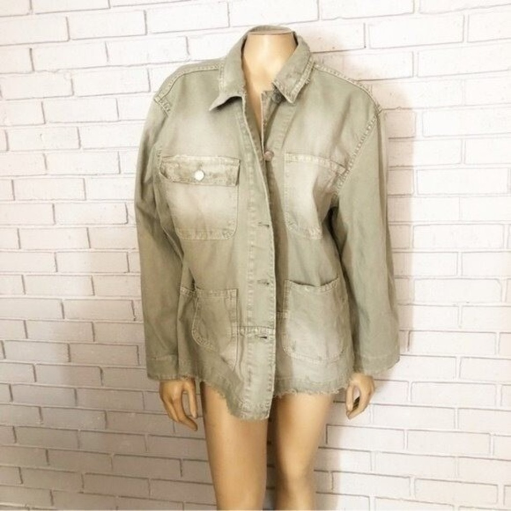 Zara Olive Green Utility Jacket Button Front Distressed Raw Hem Oversized NEW M
